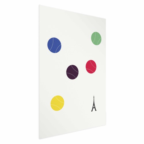 Abstrakt plakat med Eiffeltårnet og farverige tennisbolde