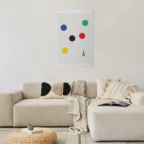 Abstrakt plakat med Eiffeltårnet og farverige tennisbolde