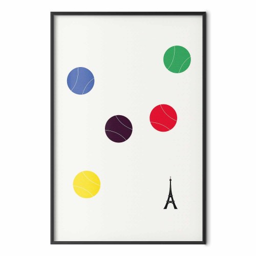 Abstrakt plakat med Eiffeltårnet og farverige tennisbolde