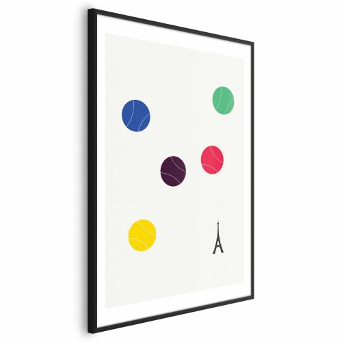 Abstrakt plakat med Eiffeltårnet og farverige tennisbolde