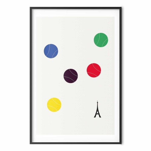 Abstrakt plakat med Eiffeltårnet og farverige tennisbolde