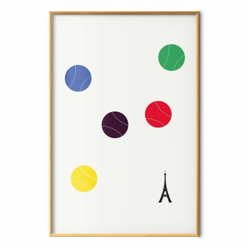 Abstrakt plakat med Eiffeltårnet og farverige tennisbolde