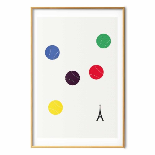 Abstrakt plakat med Eiffeltårnet og farverige tennisbolde