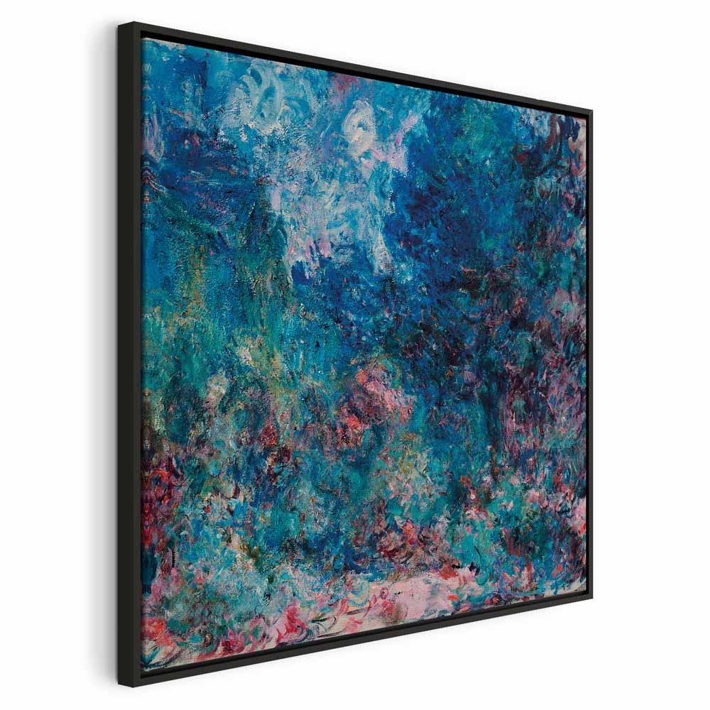 Reproduktion på lærred - Claude Monet, Kunstnerens hus set fra rosenhaven vægbillede - 80 x 80 cm - I en sort træramme