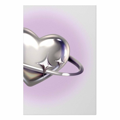 Abstrakt plakat Cosmic Heart - sølvfarvet hjerte med ring på lilla baggrund