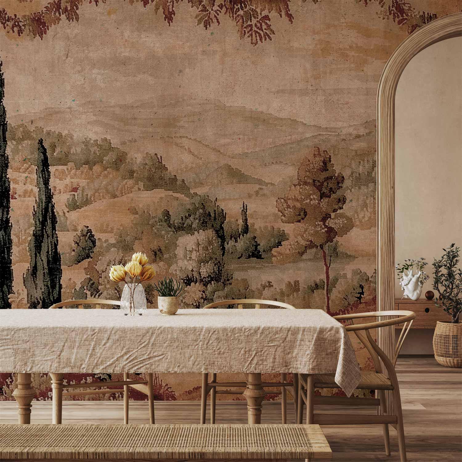 Fototapet med middelhavslandskab - gammelt gobelinmotiv med bakke og sø - 500 x 350 cm - Vandtæt