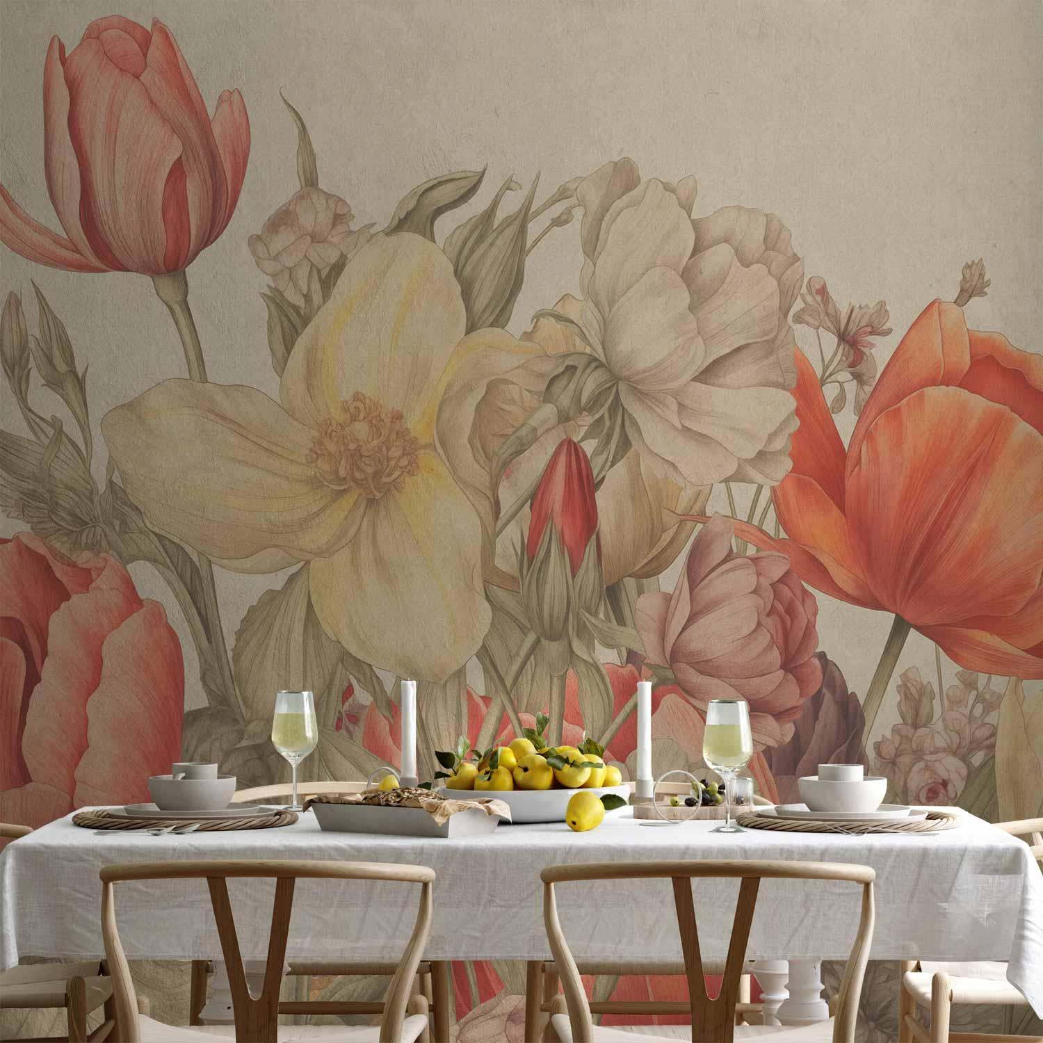 Fototapet med blomsterbuket på cremefarvet baggrund - 300 x 210 cm - Vandtæt