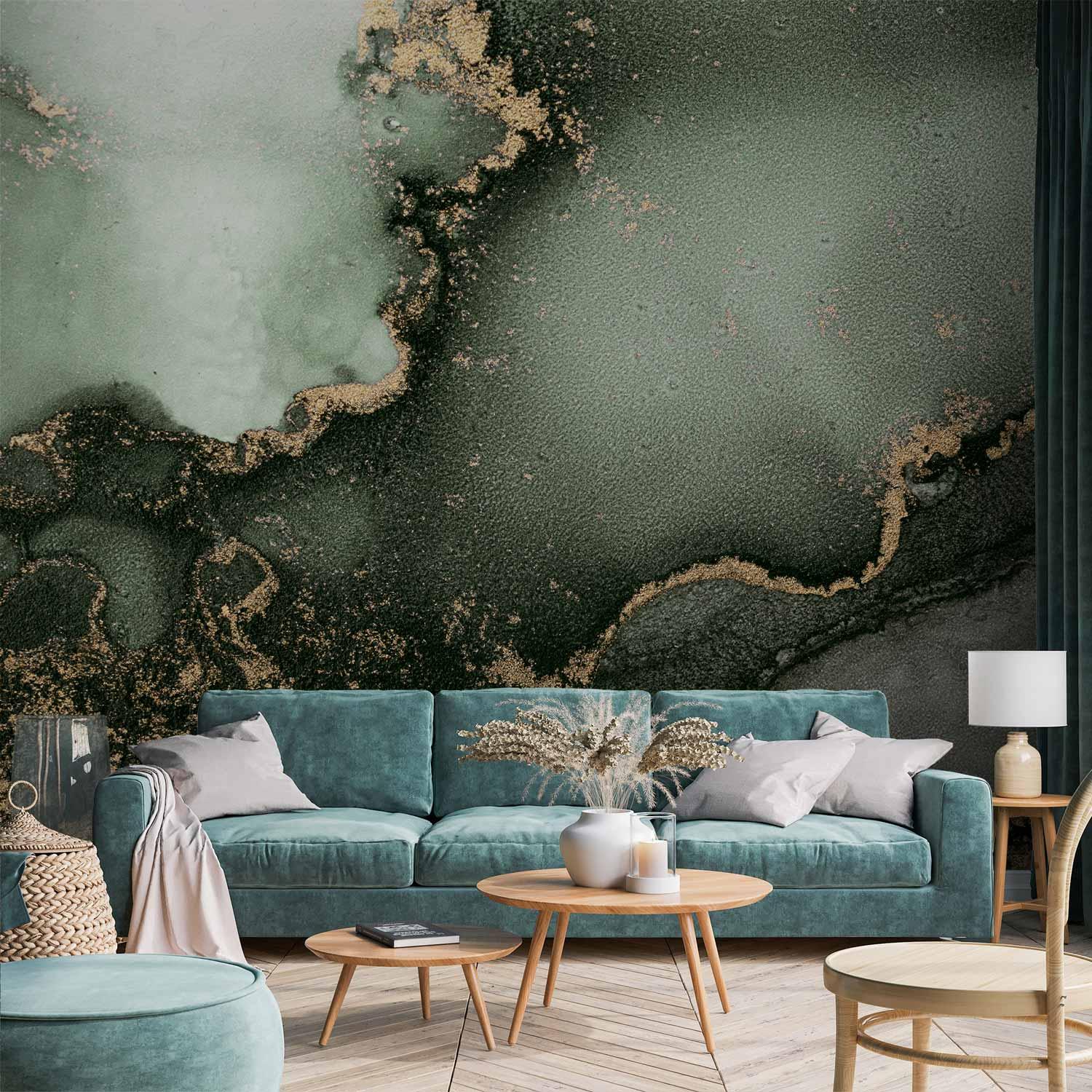 Fototapet grøn akvarel - abstrakt vægtapet inspireret af marmorstruktur - 500 x 350 cm - Standard