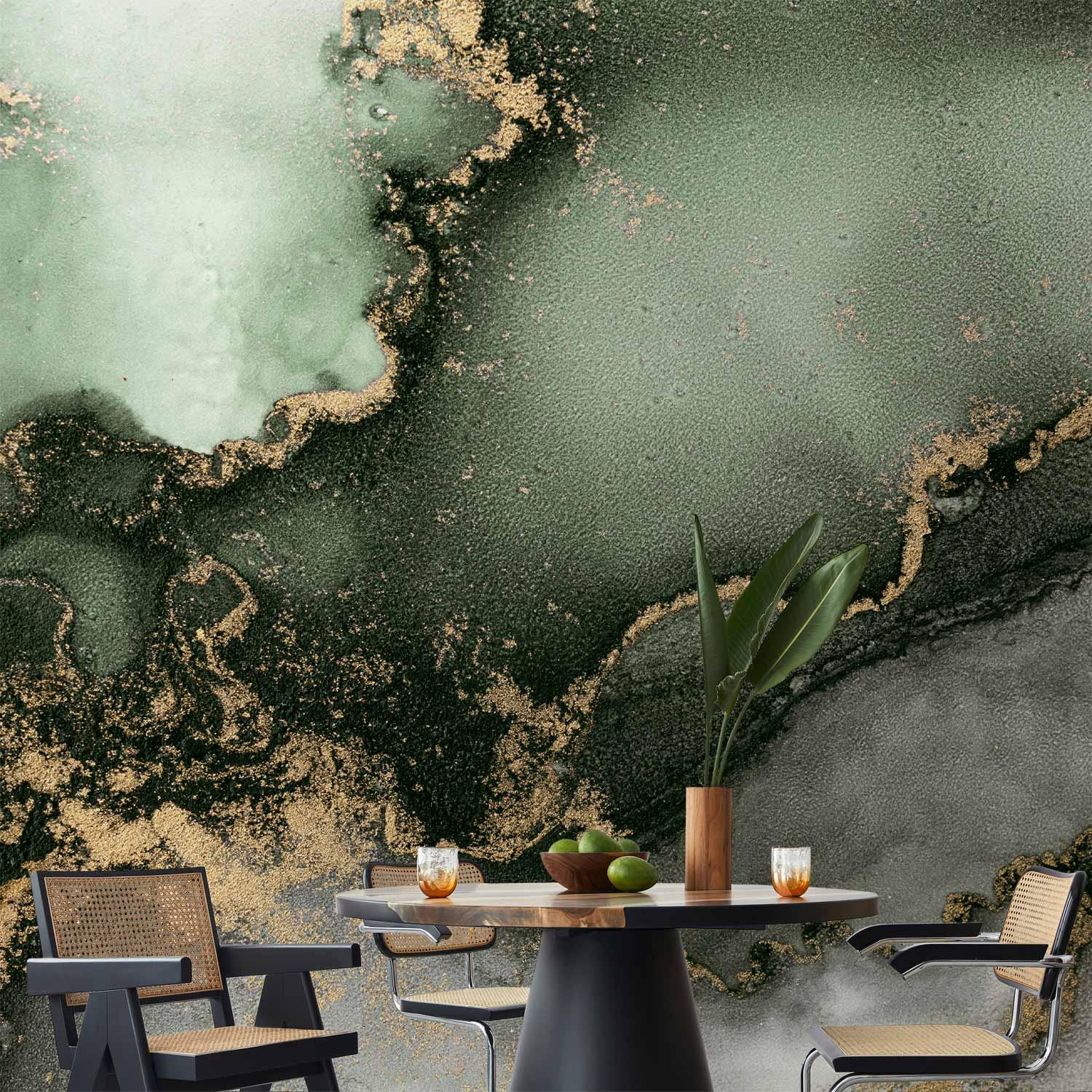 Fototapet grøn akvarel - abstrakt vægtapet inspireret af marmorstruktur - 500 x 350 cm - Vandtæt