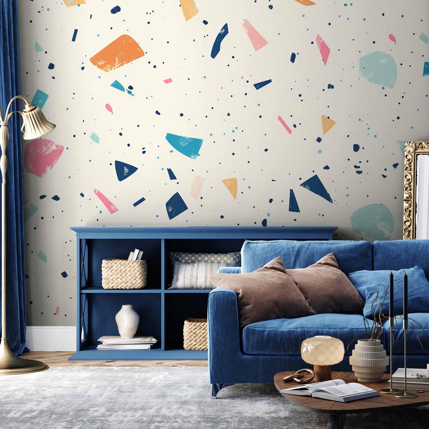 Fototapet med terrazzo-mønster i mange farver og store elementer på lys baggrund - 400 x 280 cm - Standard