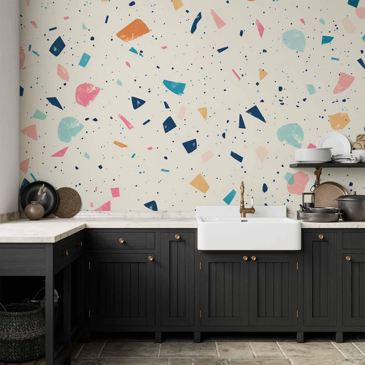 Fototapet med terrazzo-mønster i mange farver og store elementer på lys baggrund - 400 x 280 cm - Vandtæt