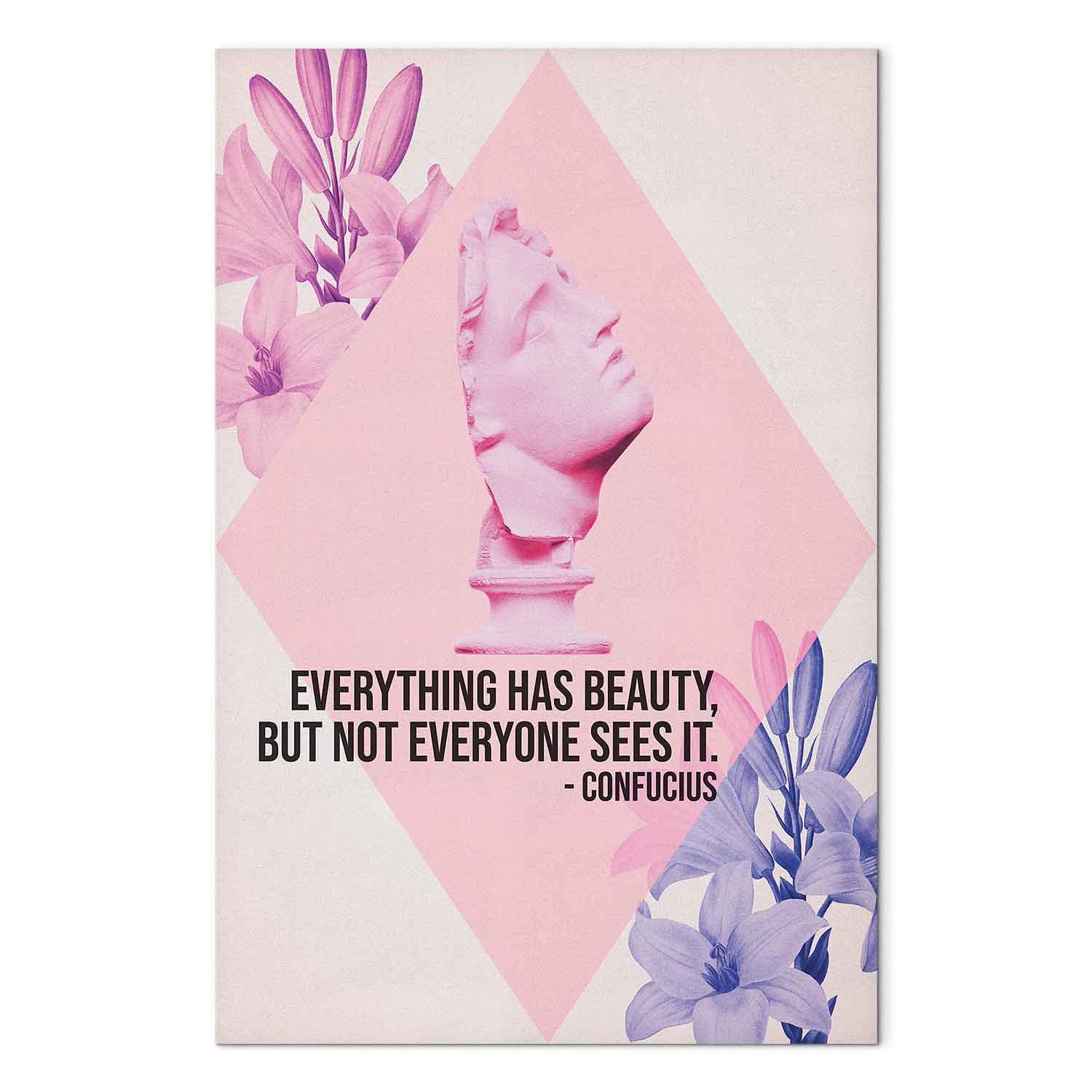 Billede på lærred Beauty in the Eyes med inspirerende citat, pink buste og blomster - 20 x 30 cm - Premium Print billede