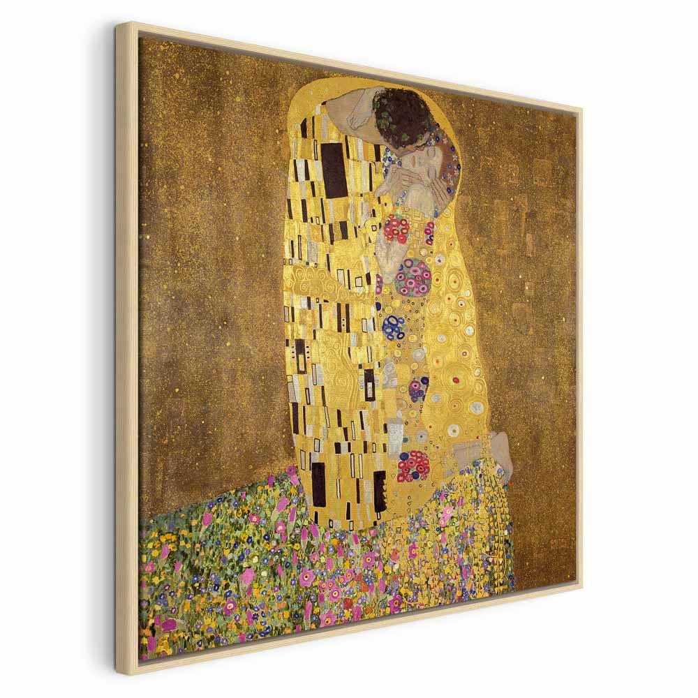 Gustav Klimt Kysset billede på lærred - 40 x 40 cm - I en naturlig træramme