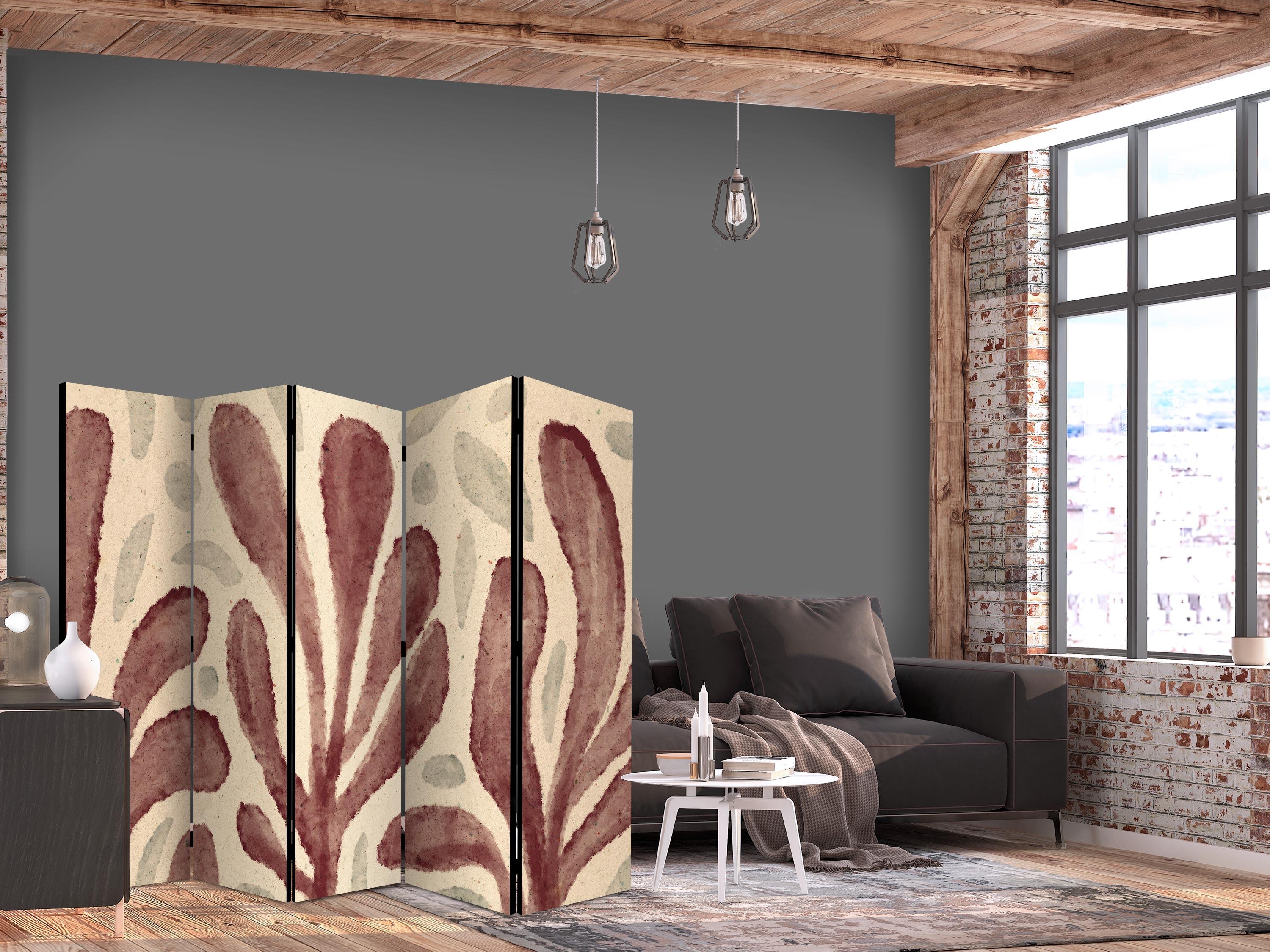5-panels skærmvæg Bølgende Blade - uregelmæssige planteformer i Matisse-stil - 225 x 172 cm - Akustik billede