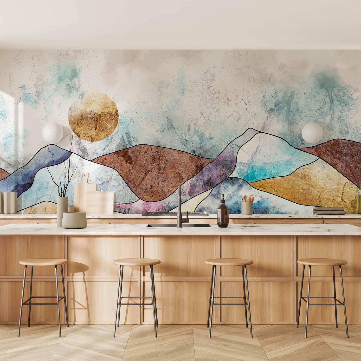Fototapet Landskab i farvet glas - vægdekoration med abstrakt landskabsmotiv - 300 x 210 cm - Vandtæt