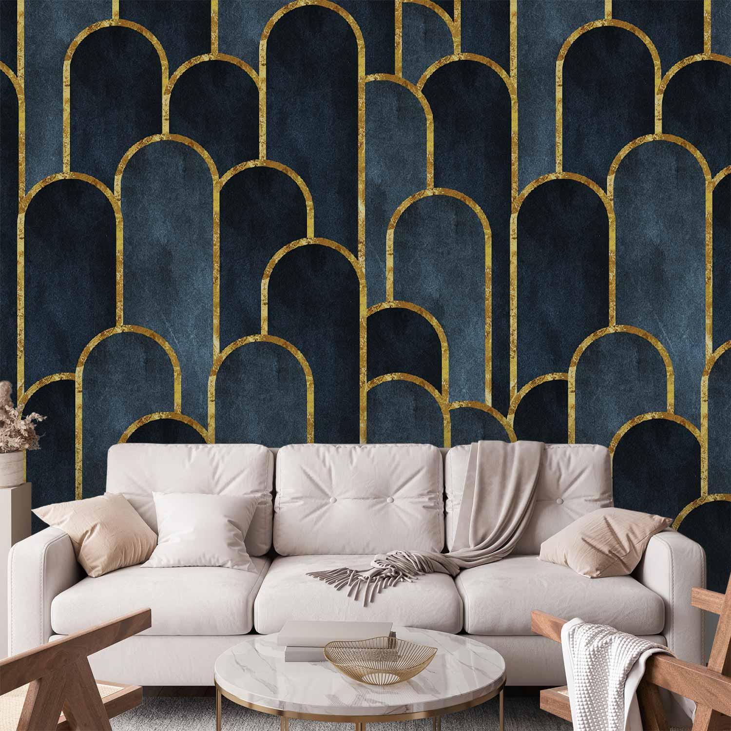 Fototapet med guld- og marineblåt geometrisk art deco-mønster - 500 x 350 cm - Standard