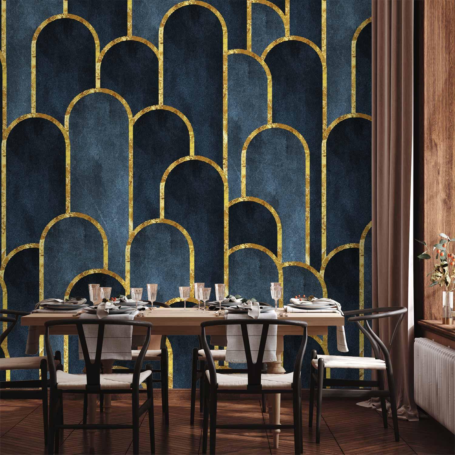 Fototapet med guld- og marineblåt geometrisk art deco-mønster - 500 x 350 cm - Vandtæt