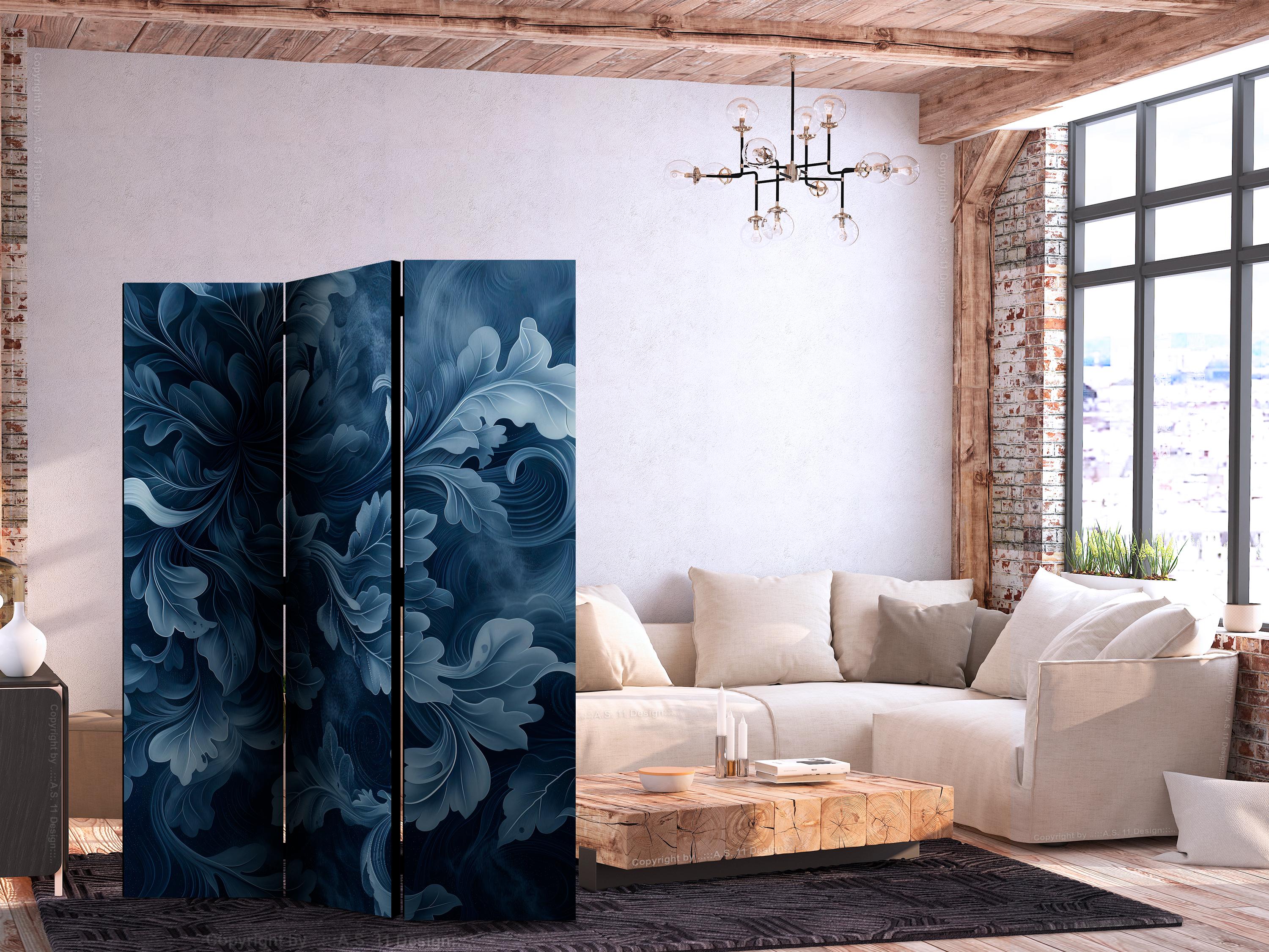 Skærmvæg 135 x 172 cm - Abstrakte ornamenter med mørkeblå viktorianske blade - 135 x 172 cm - Akustik
