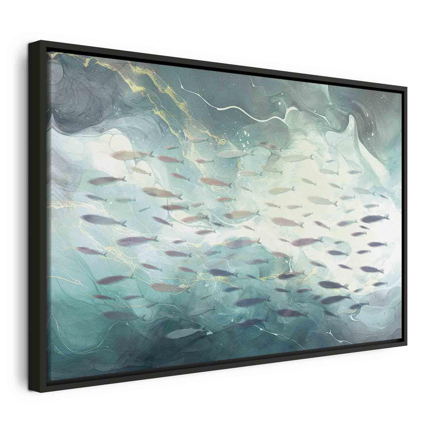 Billede på lærred med stime af små fisk - 120 x 80 cm - I en sort træramme billede