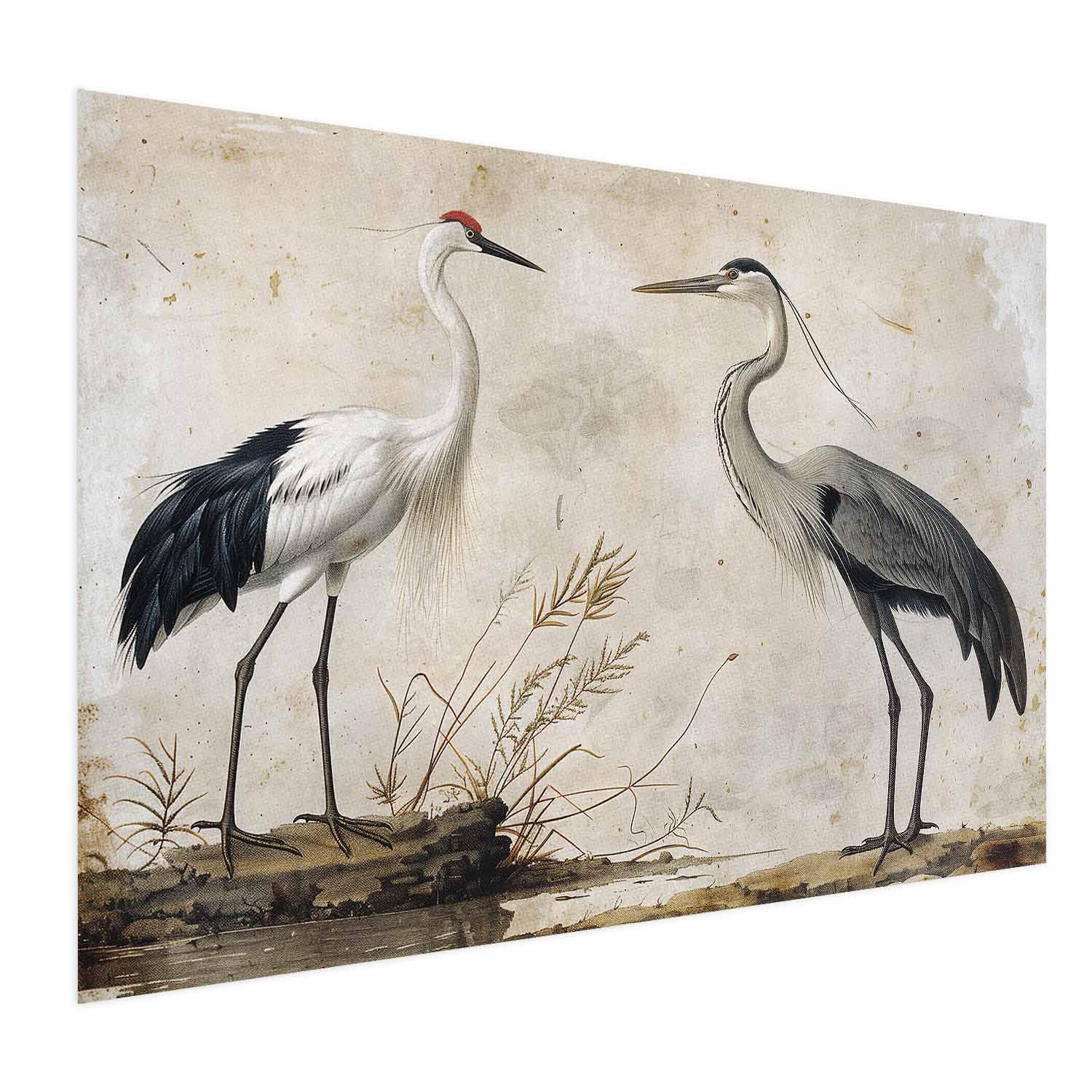 Plakat med fugle fra en gammel gravering - vintage illustration af en hejre og en trane - 60 x 40 cm - Uden ramme billede