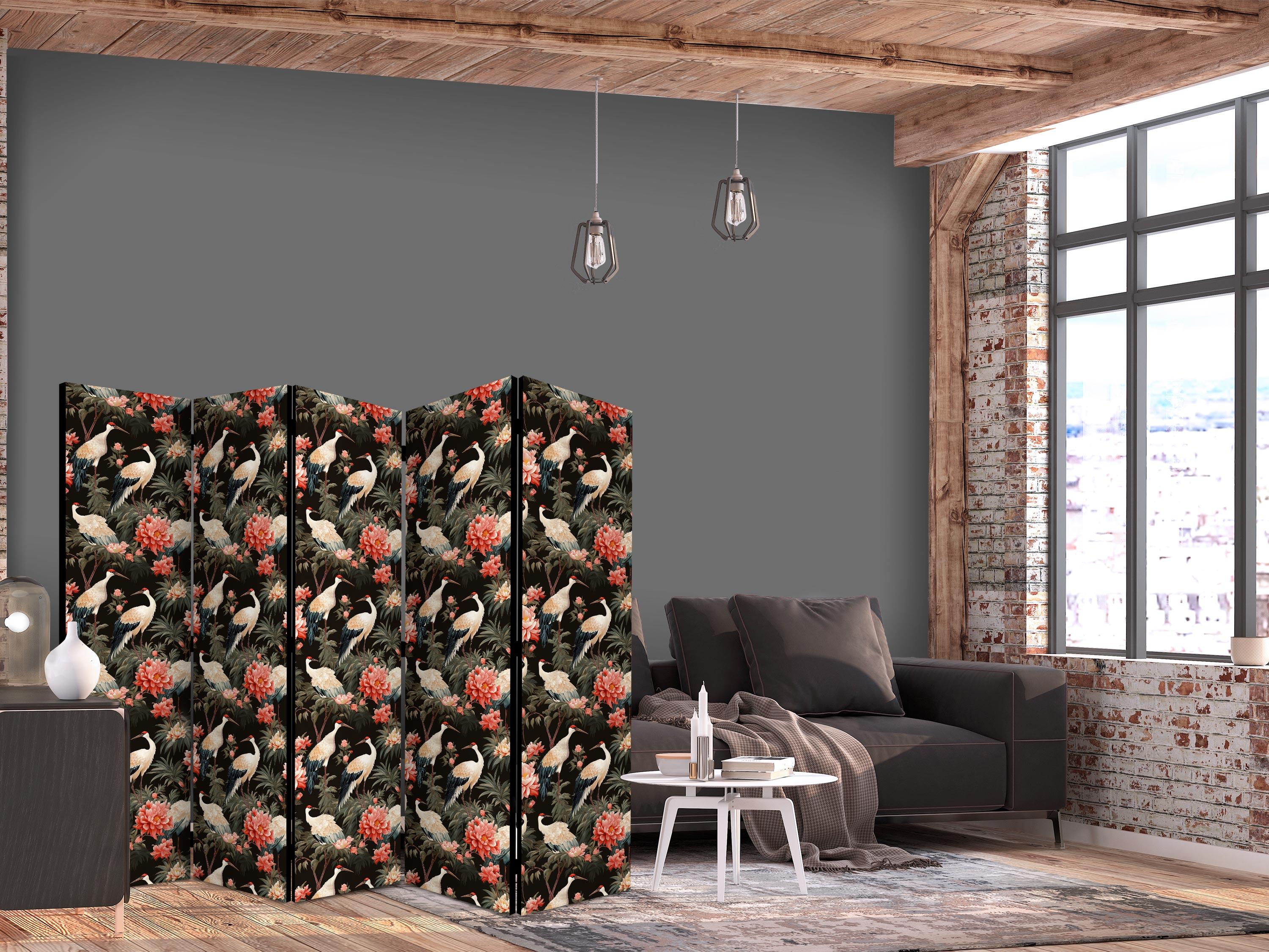 5-panels skærmvæg med traner og pæoner på mørk baggrund 225 x 172 cm - 225 x 172 cm - Enkeltsiddet billede
