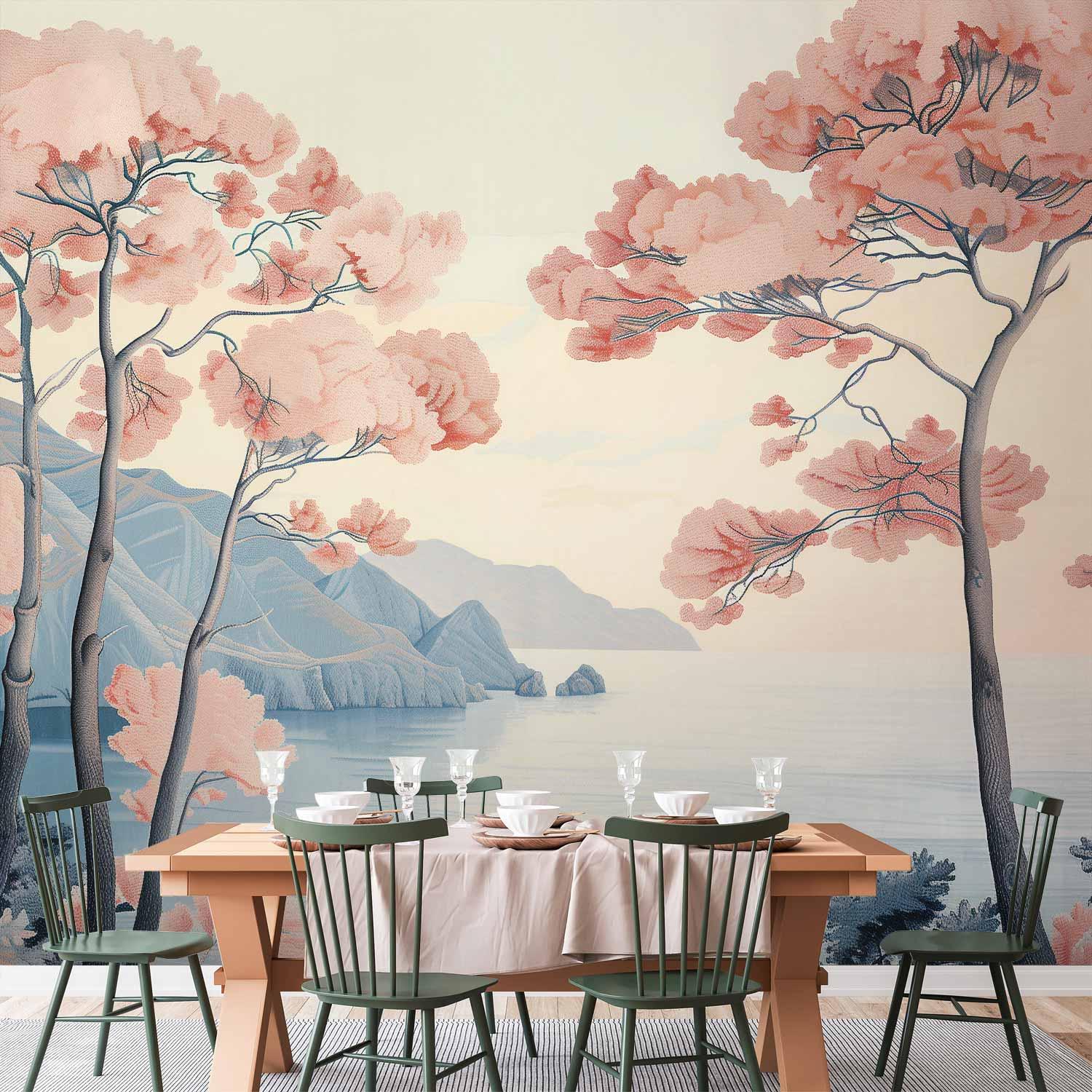 Fototapet med landskab, havklipper og træer i sarte rosa nuancer - 400 x 280 cm - Vandtæt
