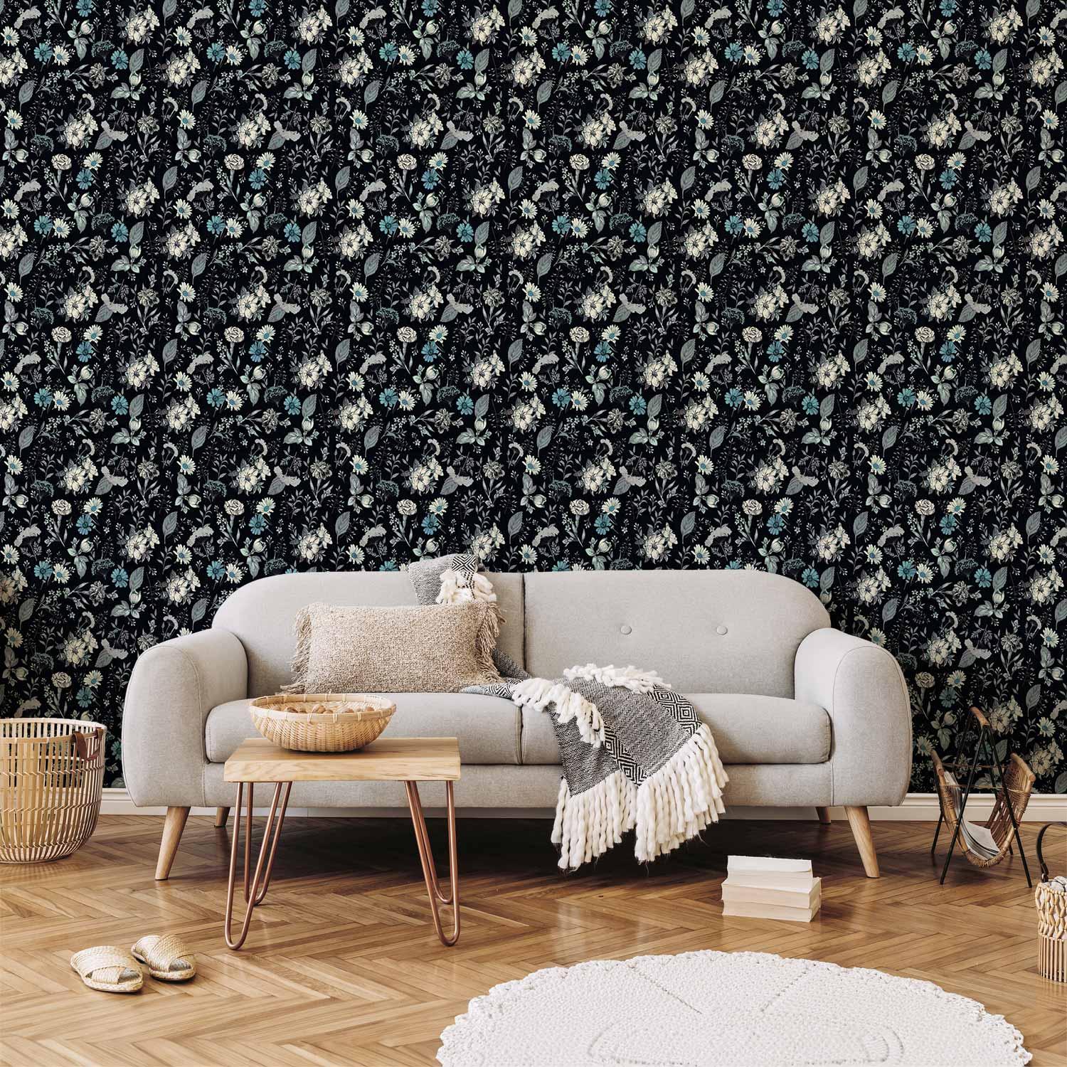 Blomstertapet - Duftende blomster og urter - blå, non-woven vægtapet med botanisk motiv - 50 x 1000 cm - Standard