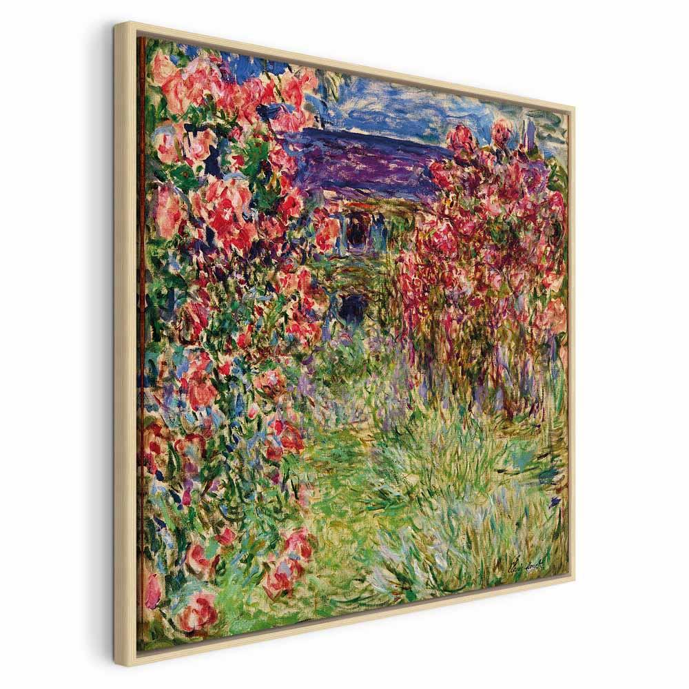 Billede på lærred - Claude Monet - La maison dans les roses reproduktion - 80 x 80 cm - I en naturlig træramme