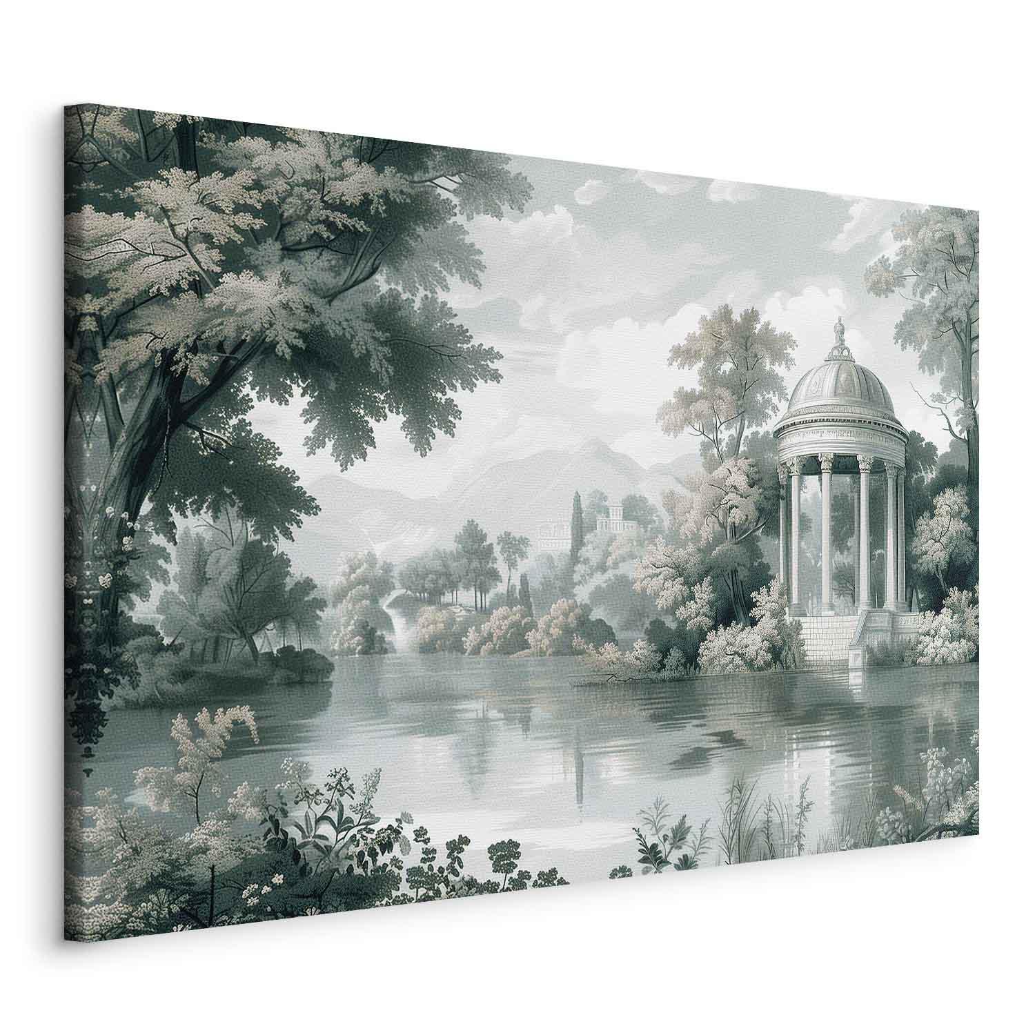 Lærredsbillede med retro landskab og sø i grønne nuancer - 120 x 80 cm - På italiensk lærred billede