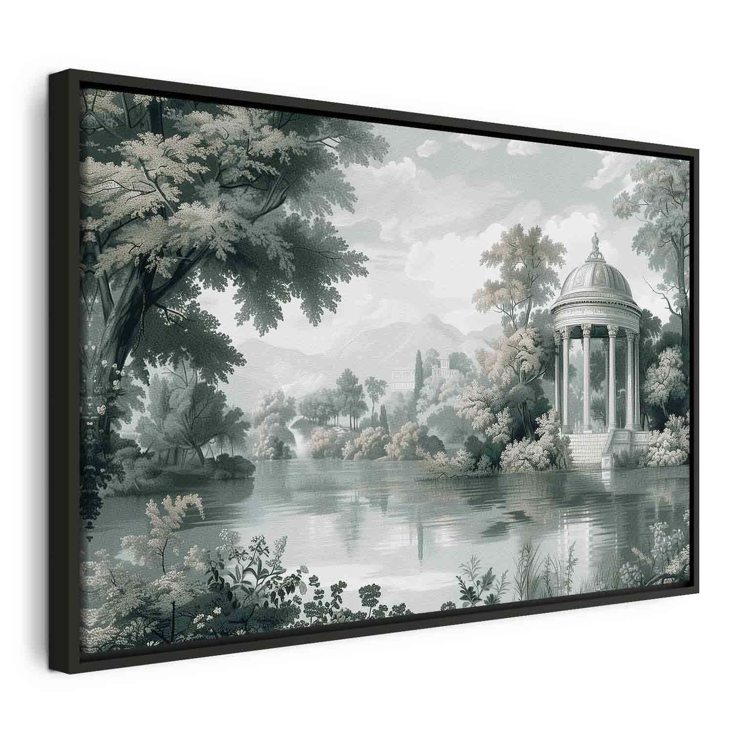 Lærredsbillede med retro landskab og sø i grønne nuancer - 120 x 80 cm - I en sort træramme billede