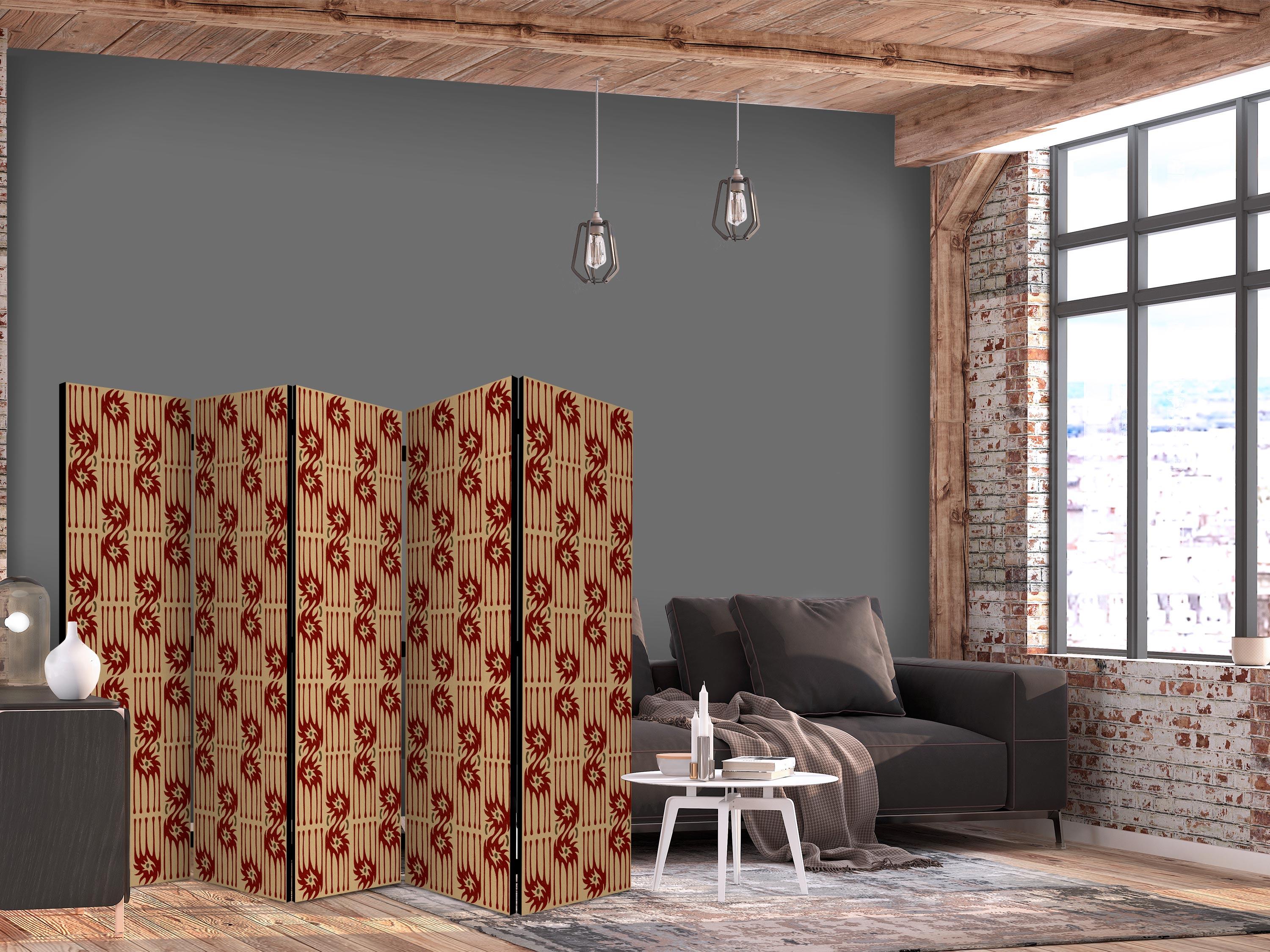 5-panels skærmvæg med røde abstrakte tribalformer 225 x 172 cm - 225 x 172 cm - Enkeltsiddet billede