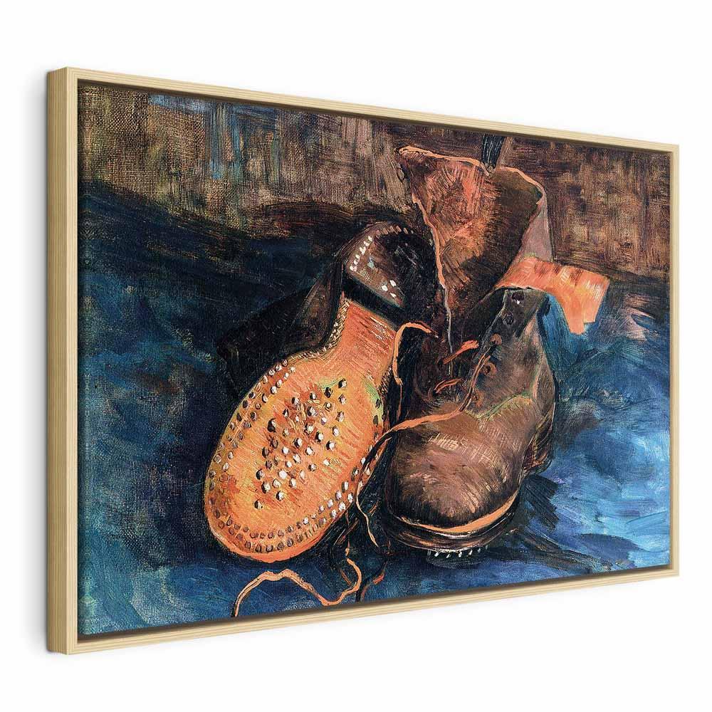 Vincent van Gogh billede på lærred - Et par sko, vægdekoration med kunstmotiv - 90 x 60 cm - I en naturlig træramme