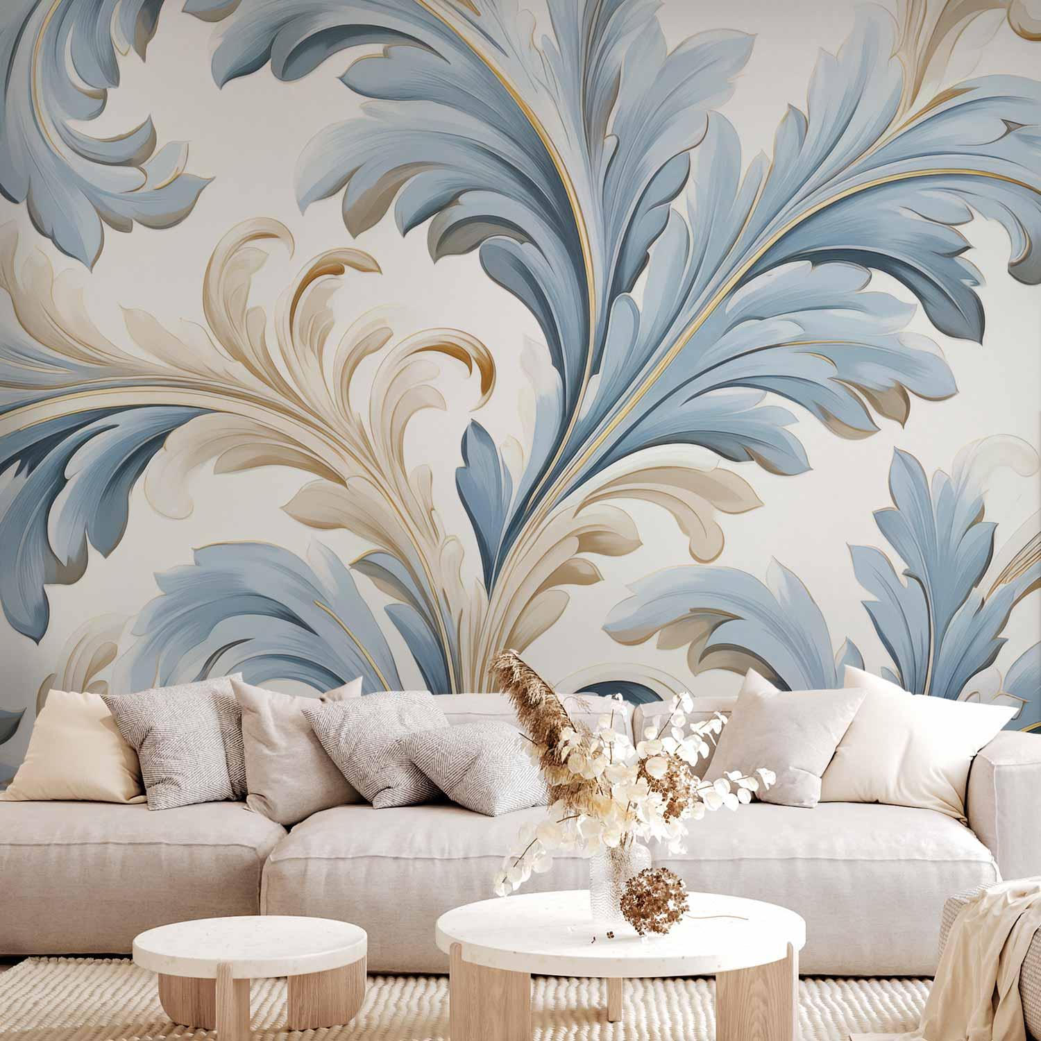 Fototapet med barokke ornamenter i lyse creme- og blå nuancer til væg - 400 x 280 cm - Standard