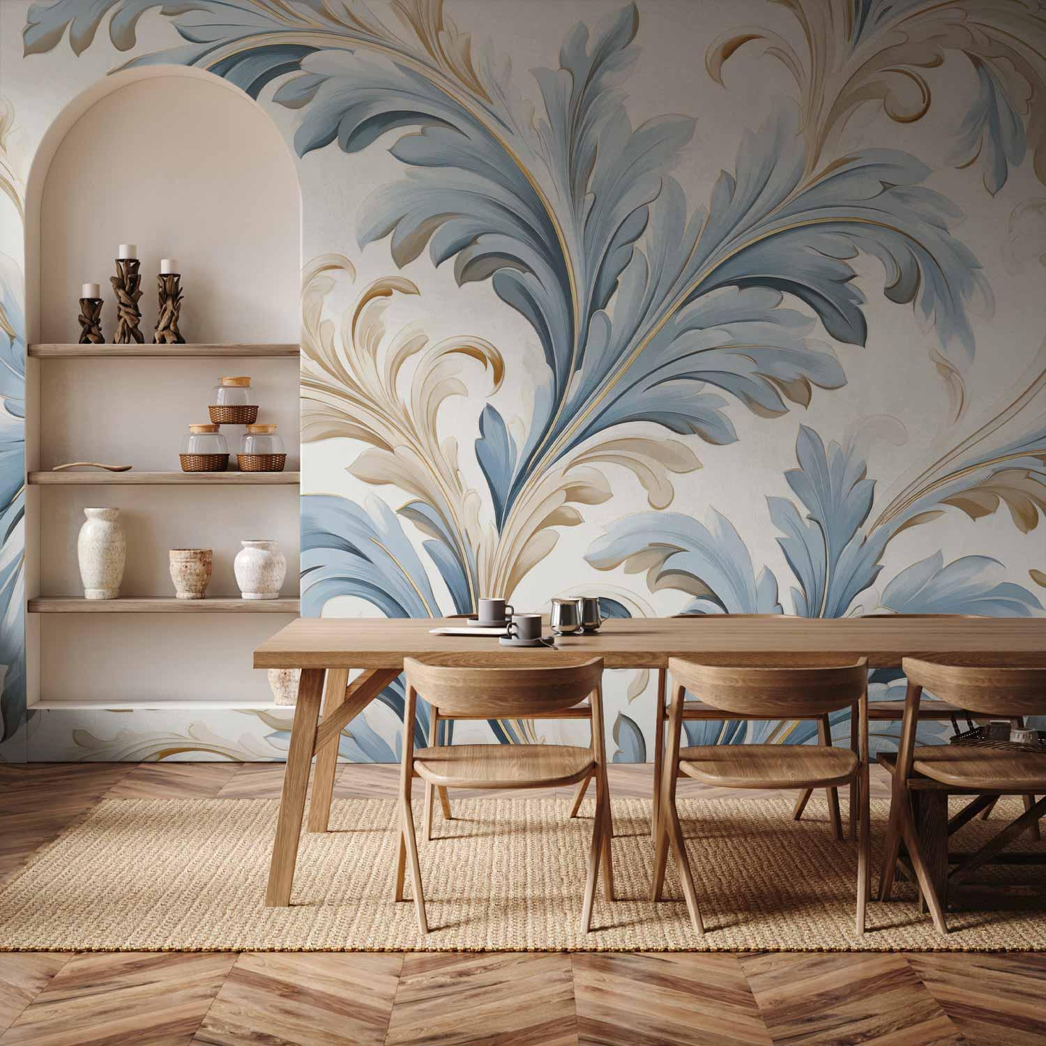 Fototapet med barokke ornamenter i lyse cremeblå nuancer - 450 x 315 cm - Vandtæt