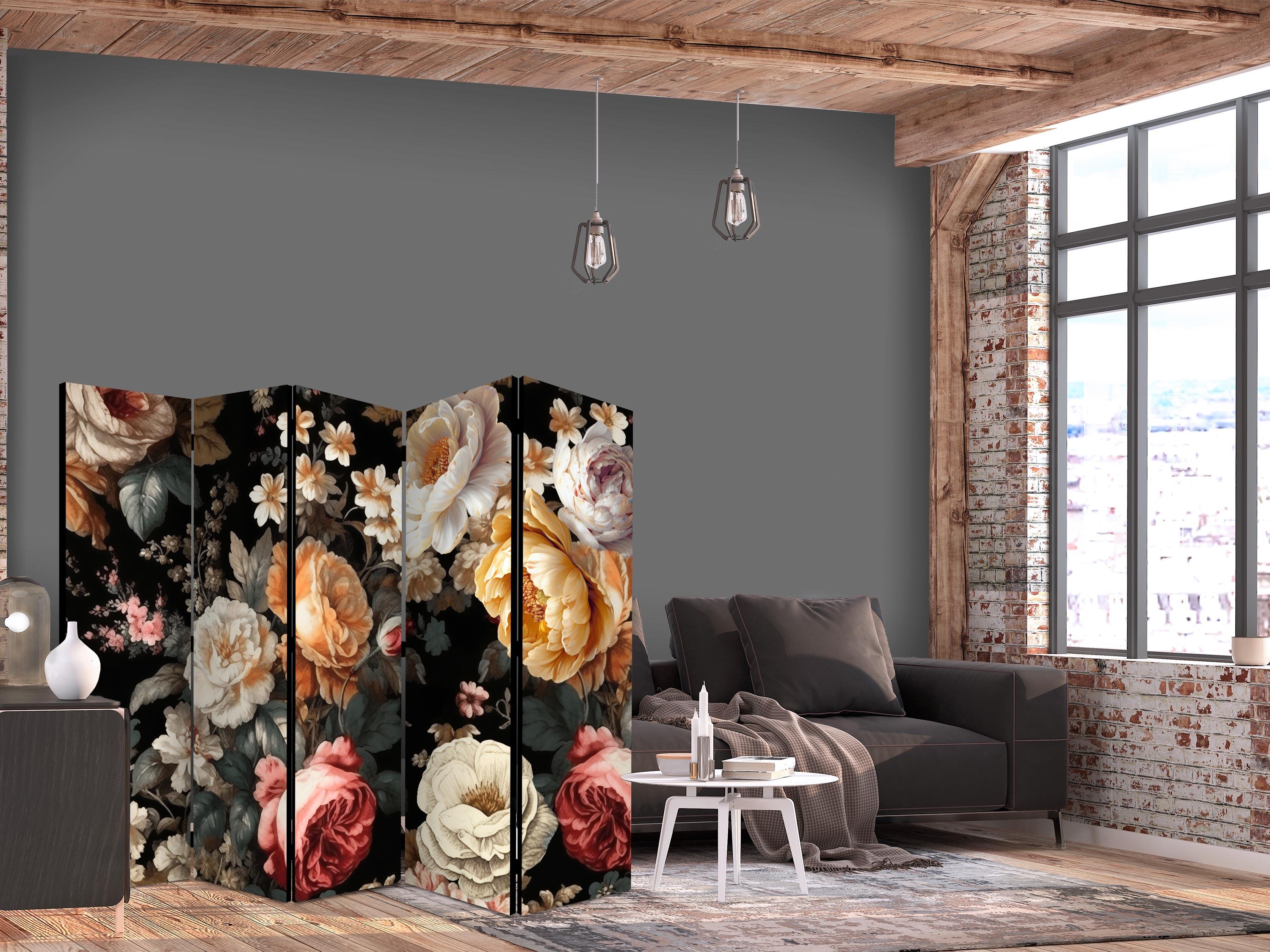 5-panels skærmvæg med blomster i vintagestil på sort baggrund 225 x 172 cm - 225 x 172 cm - Akustik billede