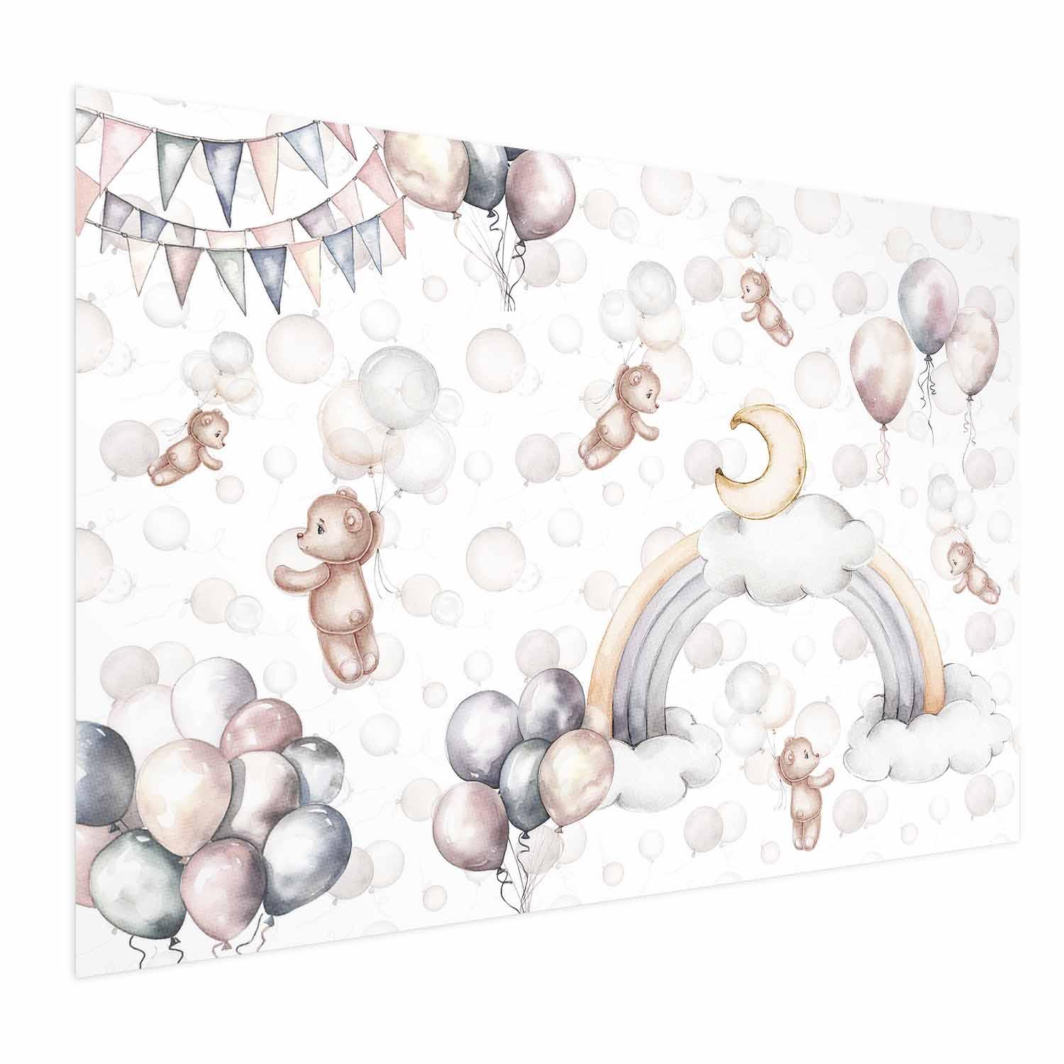 Børneplakat - Bjørne i himlen vægplakat til børneværelse med balloner, regnbue og skyer - 60 x 40 cm - Uden ramme
