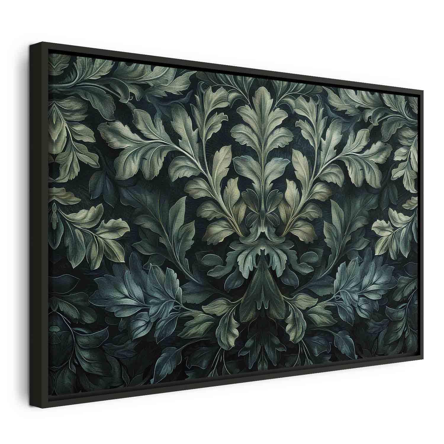 Lærredsbillede Dark Green Victorian Leaves - botanisk vægdekoration med bladmotiv - 60 x 40 cm - I en sort træramme