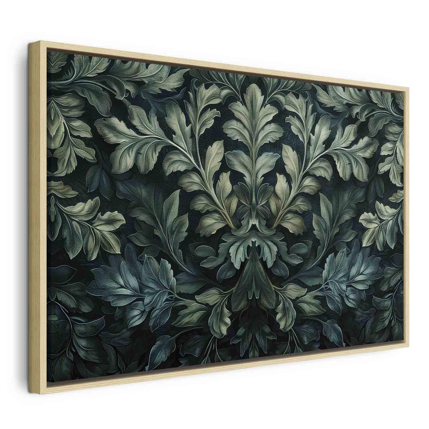 Lærredsbillede Dark Green Victorian Leaves - botanisk vægdekoration med bladmotiv - 60 x 40 cm - I en naturlig træramme