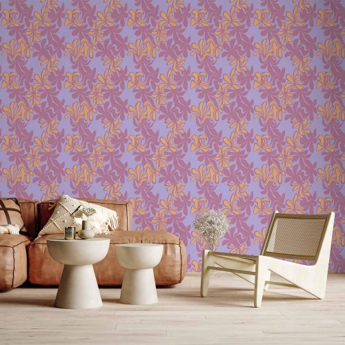 Tapet Exotic - tofarvede blomster i lilla og orange på blå baggrund