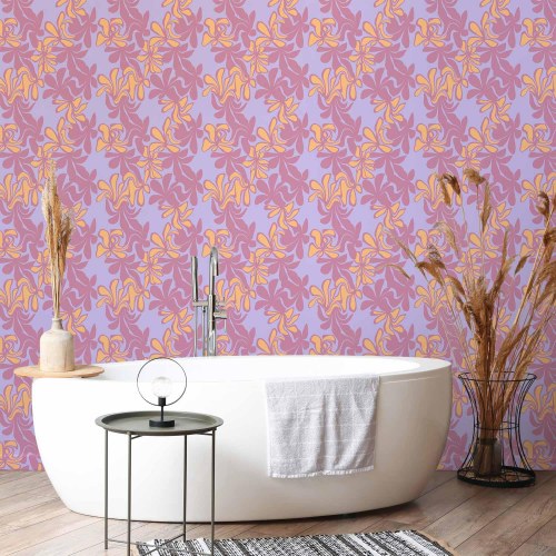 Tapet Exotic - tofarvede blomster i lilla og orange på blå baggrund