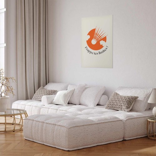 Abstrakt plakat med fjerbold mod den orange sol