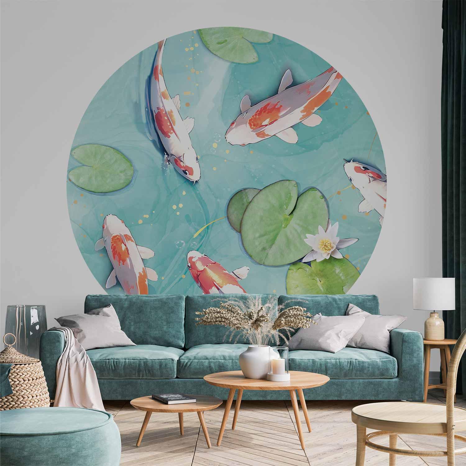 Rundt fototapet med koi fisk - Dam i Japan - 140 x 140 cm billede