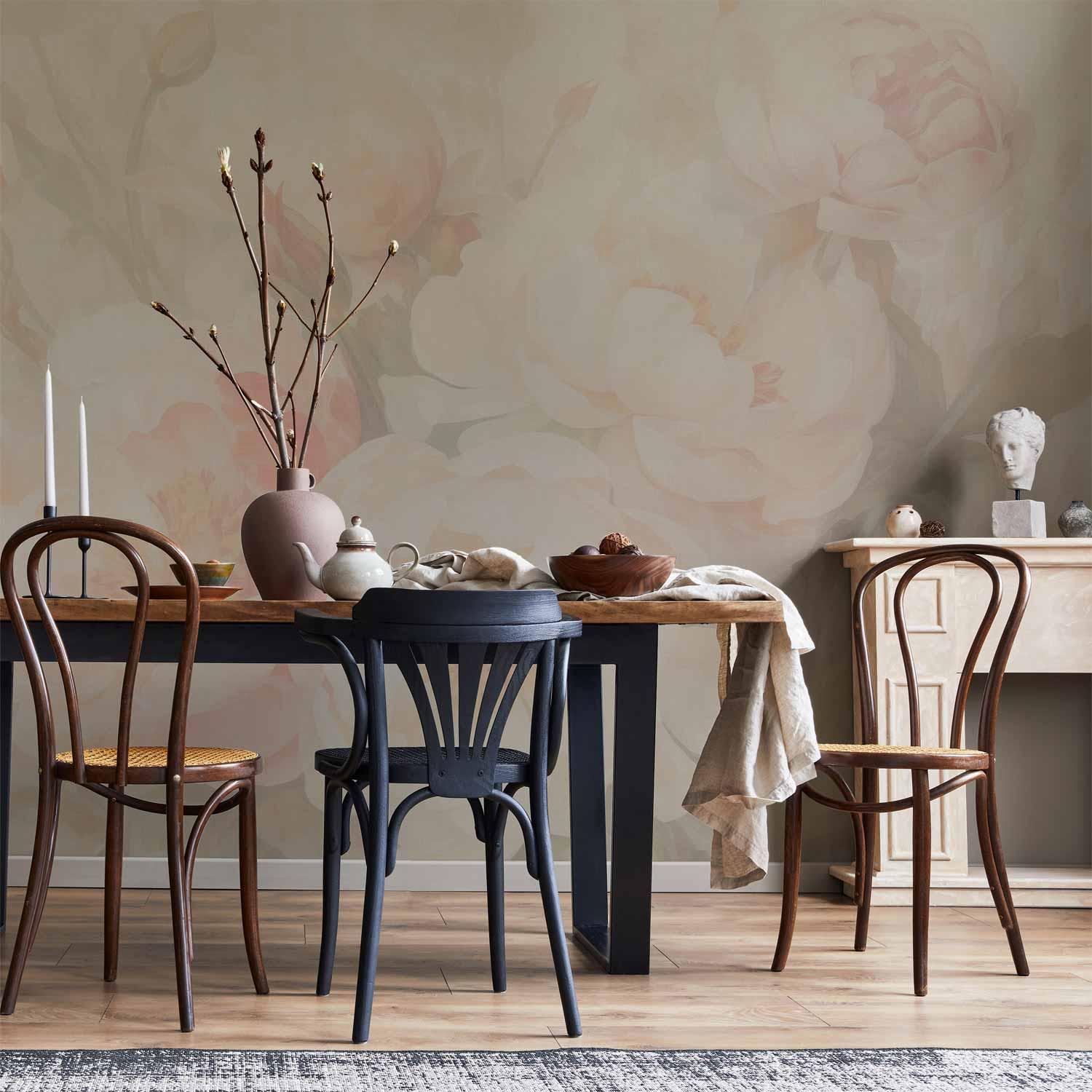 Fototapet Pæoner i tågen - blomstret vægtapet med pæonmotiv - 500 x 350 cm - Vandtæt