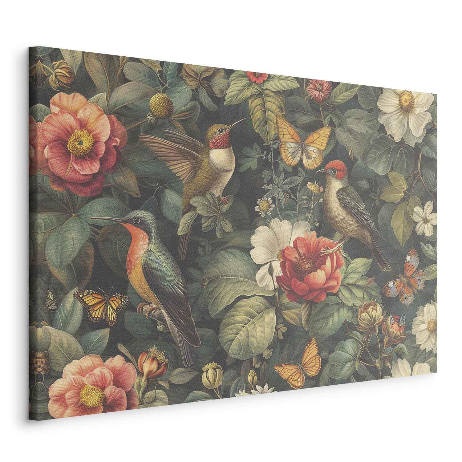 Lærredsbillede med blomster, fugle og sommerfugle i vintagestil - 30 x 20 cm - På italiensk lærred billede