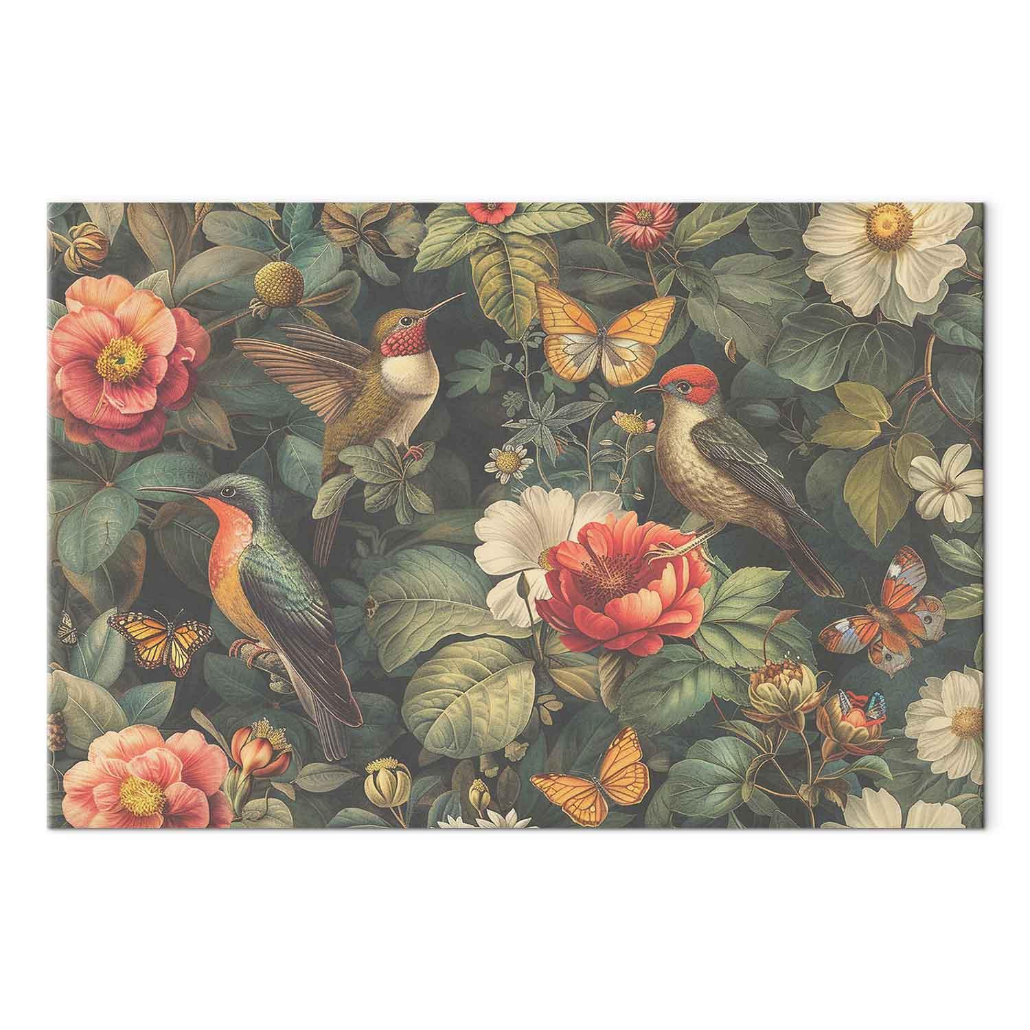 Lærredsbillede med blomster, fugle og sommerfugle i vintagestil - 30 x 20 cm - Akustisk billede