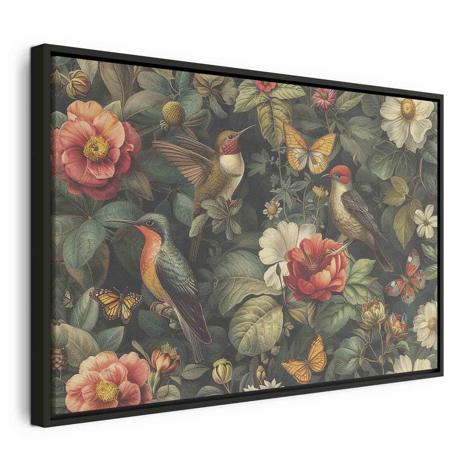 Lærredsbillede med blomster, fugle og sommerfugle i vintagestil - 60 x 40 cm - I en sort træramme billede
