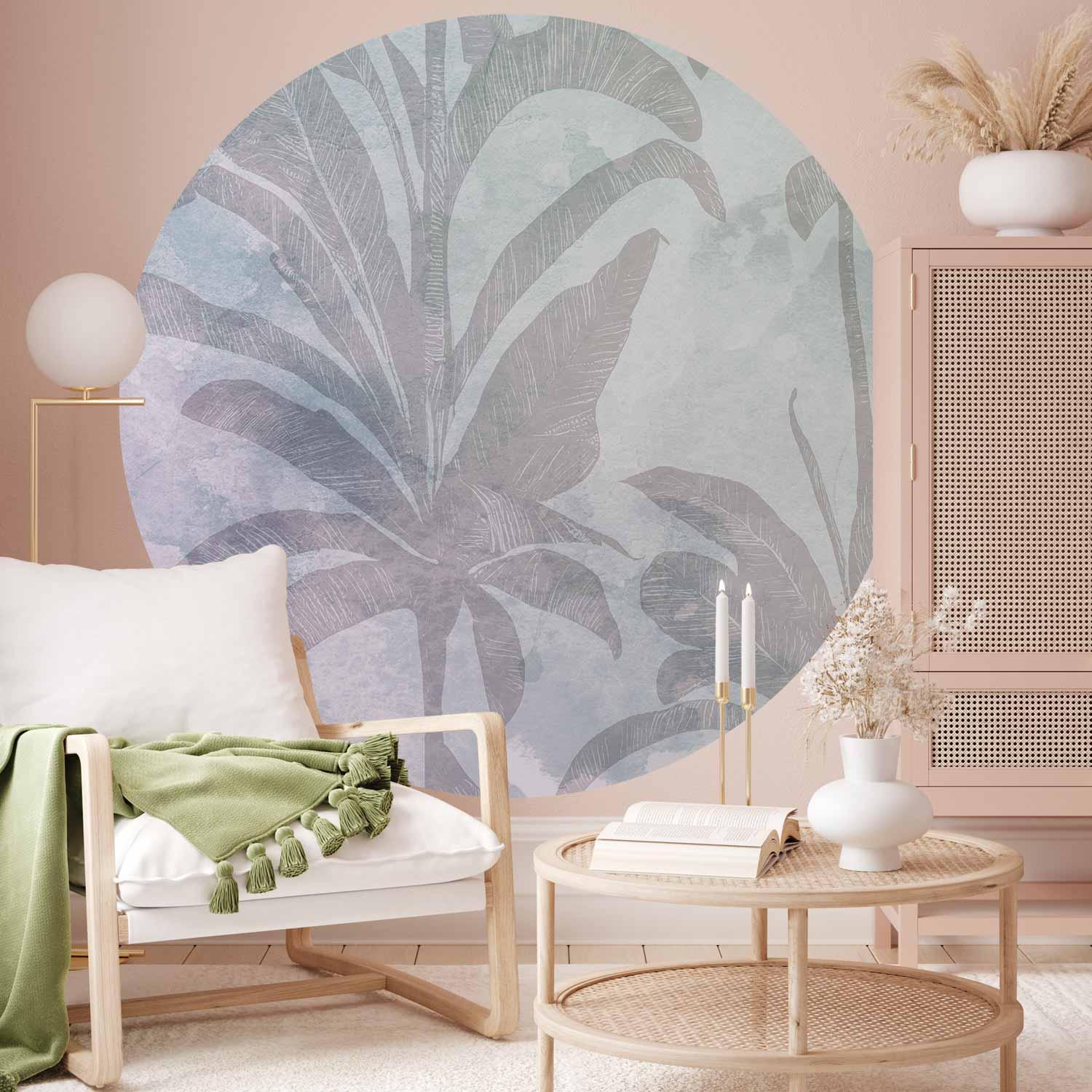 Rundt fototapet Misty Tropics med blade - 280 x 280 cm billede