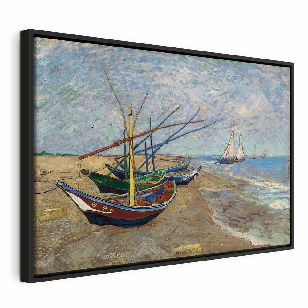 Billede på lærred - Vincent van Gogh - Fiskerbåde på stranden, reproduktion til vægdekoration - 120 x 80 cm - I en sort træramme