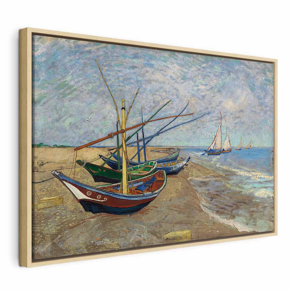 Billede på lærred - Vincent van Gogh - Fiskerbåde på stranden, reproduktion til vægdekoration - 120 x 80 cm - I en naturlig træramme