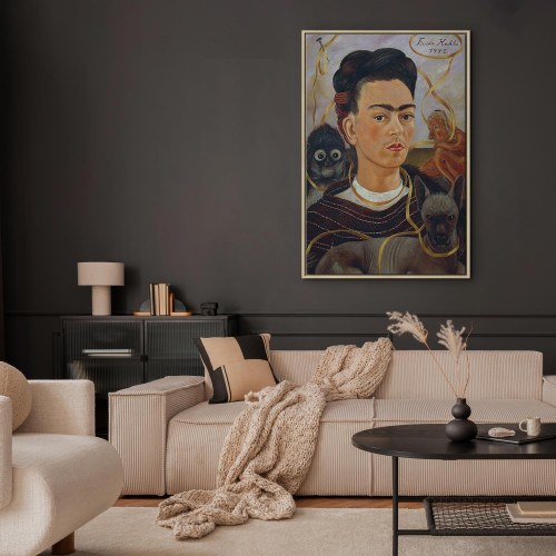 Frida Kahlo billede på lærred - Selvportræt med Changuito